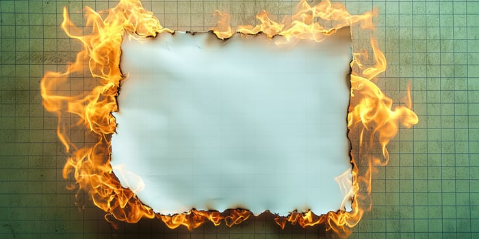 A sheet of paper with fire and flames photo