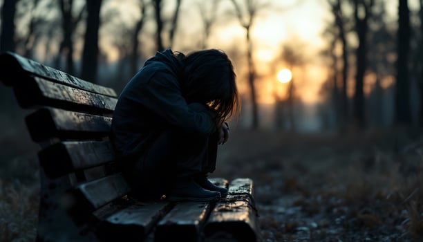 A solitary figure sits hunched on a park bench at dusk, conveying sadness and isolation, suitable for mental health awareness campaigns and reflective articles Generated by AI photo