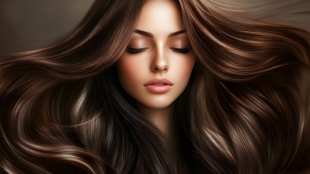 Enchanting Portrait of a Captivating Woman with Shimmering Long Hair photo