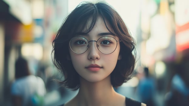 Thoughtful Young Asian Woman in Glasses on City Street photo