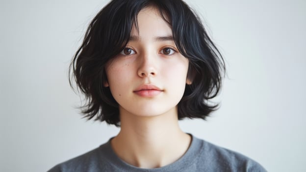 Serene and Contemplative Portrait of a Graceful Asian Woman in a Clean,Minimalist Setting photo