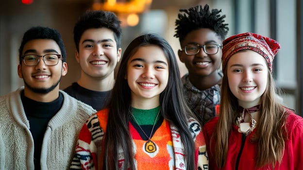 Diverse Group of Smiling Students Enjoying Time Together on Campus or in a Learning Environment photo
