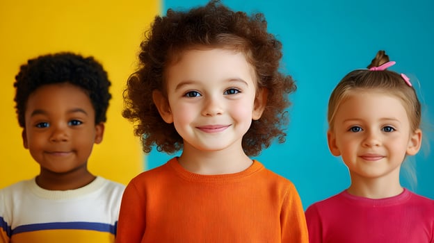 Diverse group of happy,smiling children of different races and ethnicities posing together against a vibrant,colorful background,showcasing the beauty of diversity and inclusion. photo