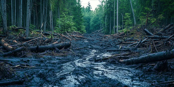 A muddy forest with trees and logs photo
