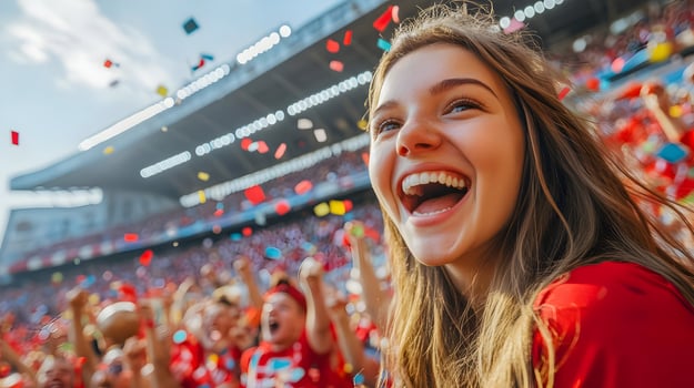 Exhilarated Caucasian Young Woman Fan Cheering and Celebrating Her Team's Goal and Victory During an Intense Soccer Championship Match on a Lively Stadium Field photo