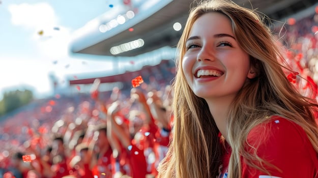 Energetic young female fan cheers passionately,expressing joy and excitement as her team scores a goal and wins the soccer championship match. photo