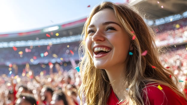 Overjoyed Caucasian Young Female Fan Passionately Celebrates with Cheers and Excitement as her Soccer Team Scores the Winning Goal During an Intense Championship Match in a Lively Stadium Filled with photo