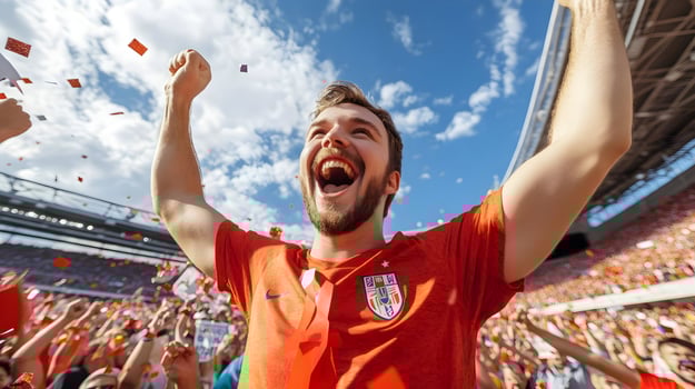 Excited Caucasian Male Soccer Fan Cheers and Celebrates His Team's Victory with Raised Arms and Confetti Raining Down During a Championship Match at the Stadium photo