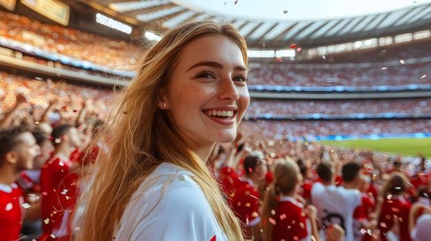 Euphoric Caucasian Young Female Soccer Fan Cheering and Celebrating Her Team's Victory with Confetti at a Packed Stadium During an Exciting Championship Match photo
