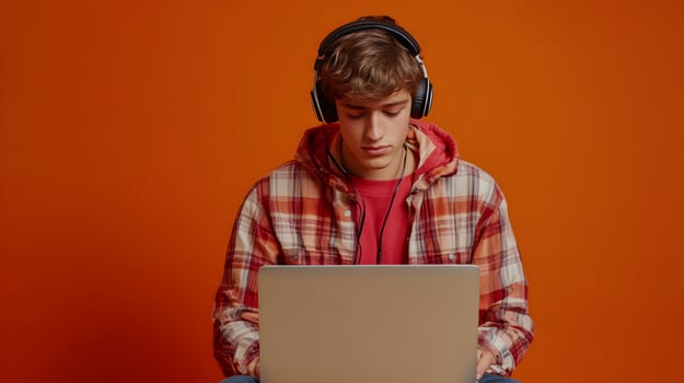Portrait of a Concentrated Young Male Student Engaged in Academic Research,Using Laptop and Headphones on a Colorful Background photo