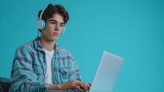 Portrait of a Concentrated Young Male Student Deeply Engaged in Academic Research Using a Laptop and Wearing Headphones,Captured Against a Vibrant Teal Blue Background photo