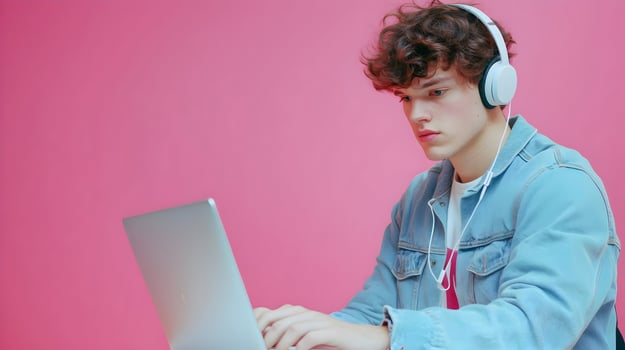 Concentrated Young Male Student Engaged in Academic Research with Laptop and Headphones on Colored Background. Serious Young Man Studying or Working Diligently on Electronic Devices. photo