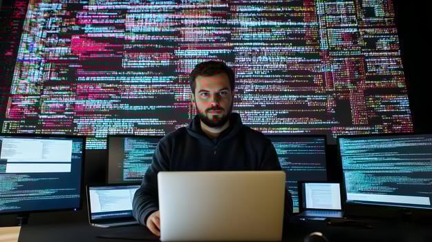 Portrait of a focused male programmer working intently on his laptop computer in a monitoring room filled with large screens displaying complex lines of programming code and software development photo