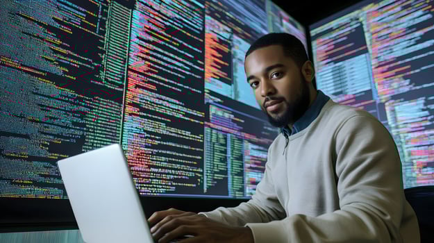 Portrait of a Focused Programmer Working Intently on a Laptop,Surrounded by Multiple Screens Displaying Lines of Programming Language Code in a High-Tech Monitoring Room Environment photo