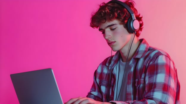 Portrait of a Concentrated Young Male Student Deeply Engaged in Academic Research and Study Using a Laptop and Headphones,Set Against a Vibrant Pink and Blue Background photo