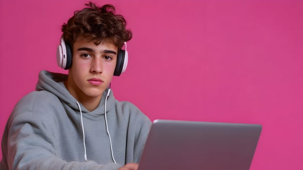 Concentrated Young Male Student Engaged in Academic Research With Laptop and Headphones on Color Background. Portrait of a focused young man using technology for education. photo