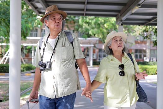 Senior couple traveler, Happy man and woman with luggage walking in downtown photo