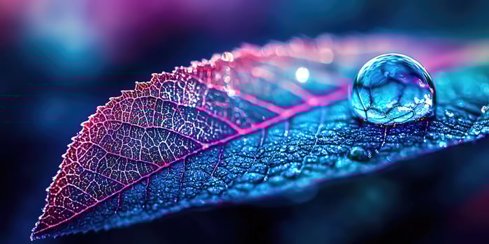 A blue and purple leaf with water droplets photo