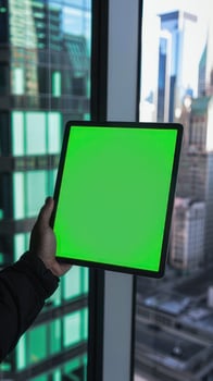 Man holding a tablet with green screen in a window in a city photo