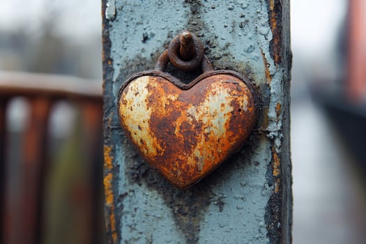 Rusty heart hanging on metal pole showing enduring love photo