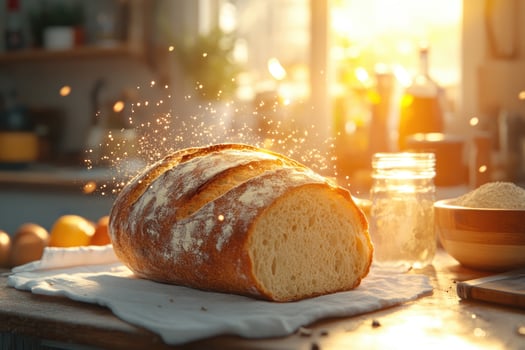 Freshly baked loaf of bread sprinkled with flour in a sunny kitchen photo