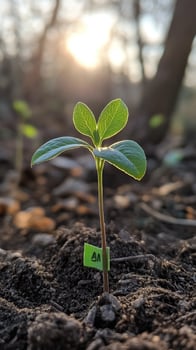 New seedling growing in fertile soil at sunset photo