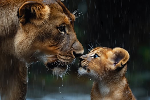 Lioness showing affection to cub under gentle rain photo
