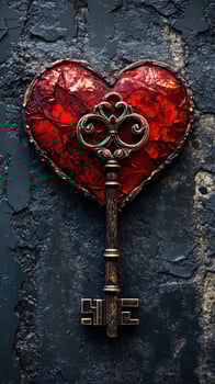 Antique key unlocking red heart on dark background symbolizing love and romance photo