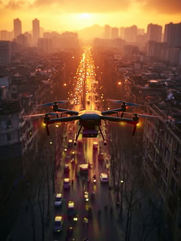 Drone flying over city at sunset capturing urban landscape photo