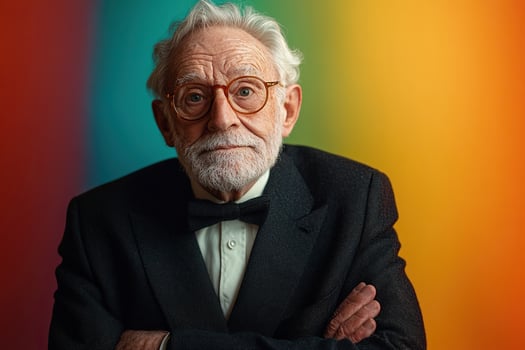 An elderly professor in glasses and a tuxedo looks at the camera. Generated by artificial intelligence photo