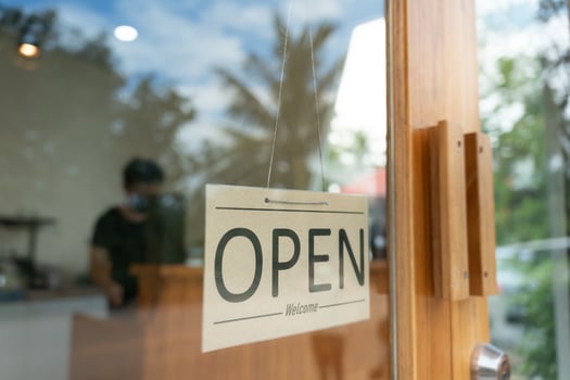 day of business. guarantees safety, cleanliness, open the coffee shop. open for New normal. Small business, welcome, restaurant, home made photo