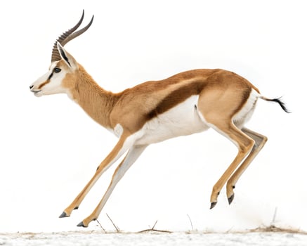 A springbok executing a high pronk, all legs rigid and straight, tail lifted, against a clean white backdrop photo