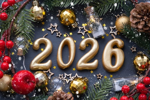 The golden figures 2026 made candles on black stone slate background are decorated with a festive decor of stars, sequins, fir branches, balls and garlands. Greeting card, happy New Year. photo