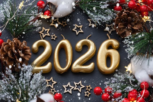 The golden figures 2026 made candles on a black stone slate background are decorated with a festive decor of stars, sequins, fir branches, balls and garlands. Greeting card, happy New Year. photo