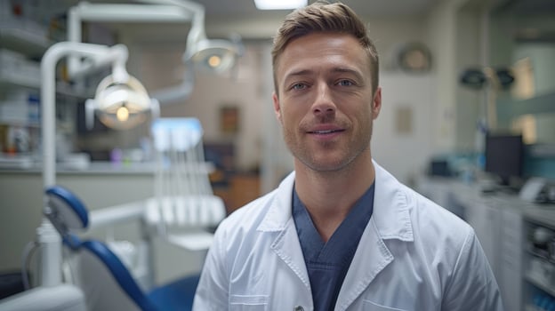 International Dentist Day professional doctor wearing a white coat stands confidently in a contemporary dental office. The clinic features advanced equipment and a welcoming atmosphere for patients photo