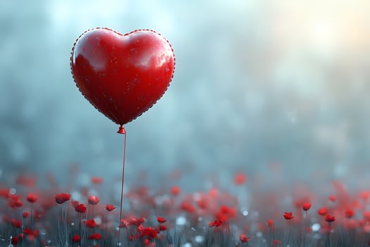 Heart Balloon in Poppy Field - Romantic Springtime Concept for Card Designs photo