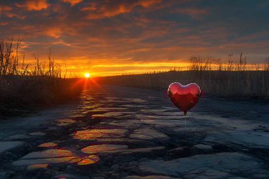 Romantic Sunset with Heart Balloon on Rustic Cobblestone Road for Valentine's Day photo