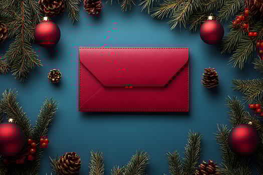 Festive Holiday Greeting Card Design with Red Envelope and Pine Decorations photo