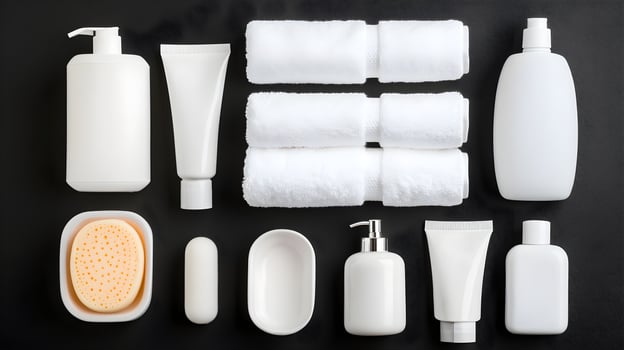 White Bathroom Products on Black Surface for Clean Aesthetic Appeal photo