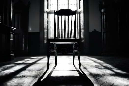 A solitary wooden chair stands in the center of a dimly lit room, warm sunlight filters through large windows, creating intricate shadow patterns on the floor. photo