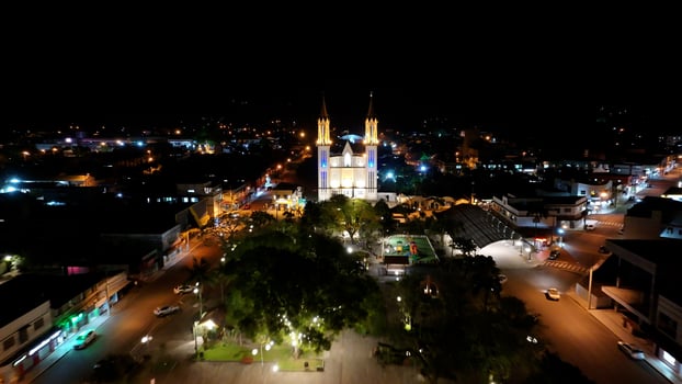 Aerial View of Illuminated Church in Praia Grande Santa Catarina in Brazil. Amazing Cinematic. photo