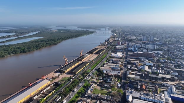Above view of Porto Alegre Skyline in Porto Alegre Rio Grande do Sul in Brazil. Guaiba Lake Harbor. photo