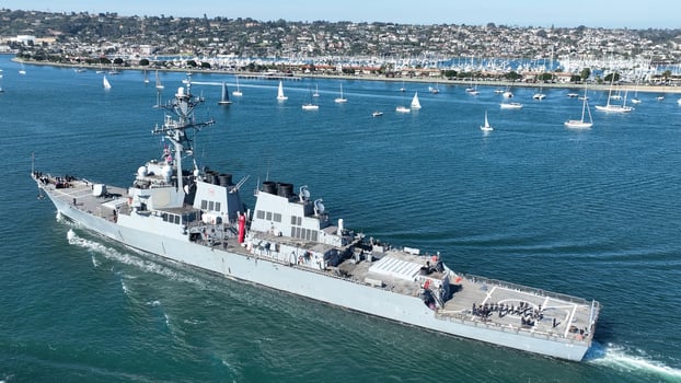 Scenic Navy Ship at San Diego California in United States. Highrise Boats. photo