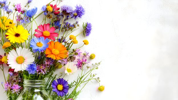 Vibrant Colorful Wildflower Bouquet in a Jar Against White Background photo