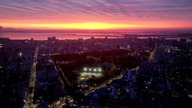 High Angle of Sunset Skyline at Porto Alegre in Rio Grande do Sul Brazil. Buildings Dusk. photo