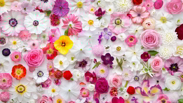 Colorful Flower Arrangement with Various Blooming Plants and Petals photo