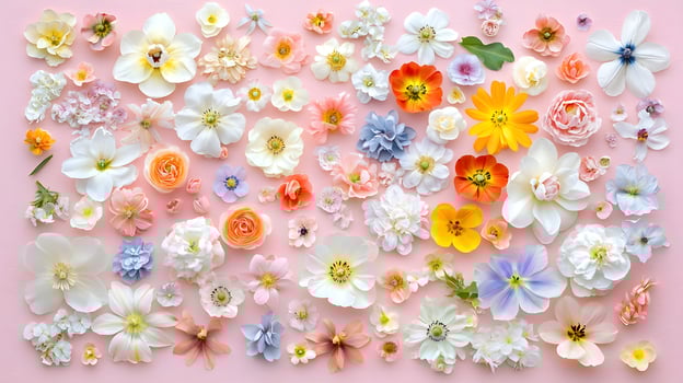 Diverse Collection of Colorful Fresh Flowers on Soft Pink Background photo