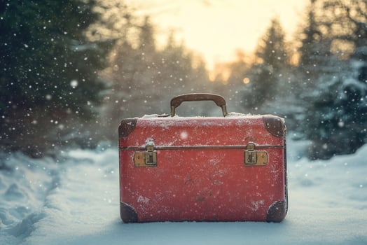 Red vintage suitcase covered with snow in a winter forest at sunset photo