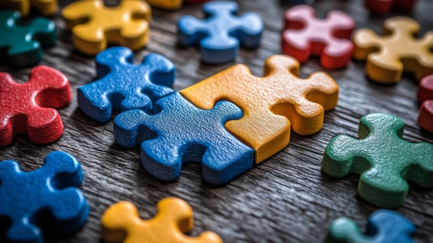 A colorful puzzle piece is sitting on top of a wooden table photo