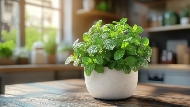 A potted plant on a table in a kitchen photo